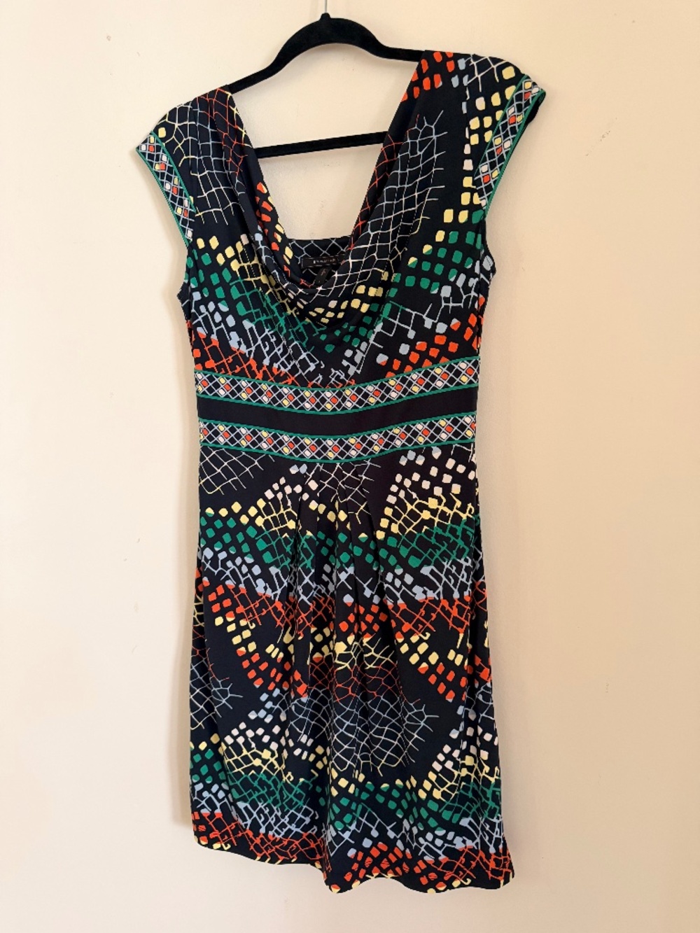 BCBG Max Azria Silk Blend Geometric Print Cowl Neck Dress Size Small